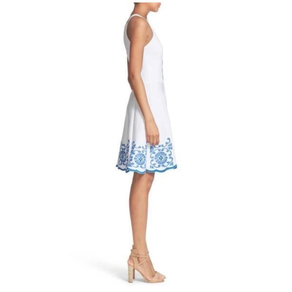 Parker Cheryl White Blue Embroidery Knit Halter Fit & Flare Preppy Coastal Dress - Picture 2 of 16